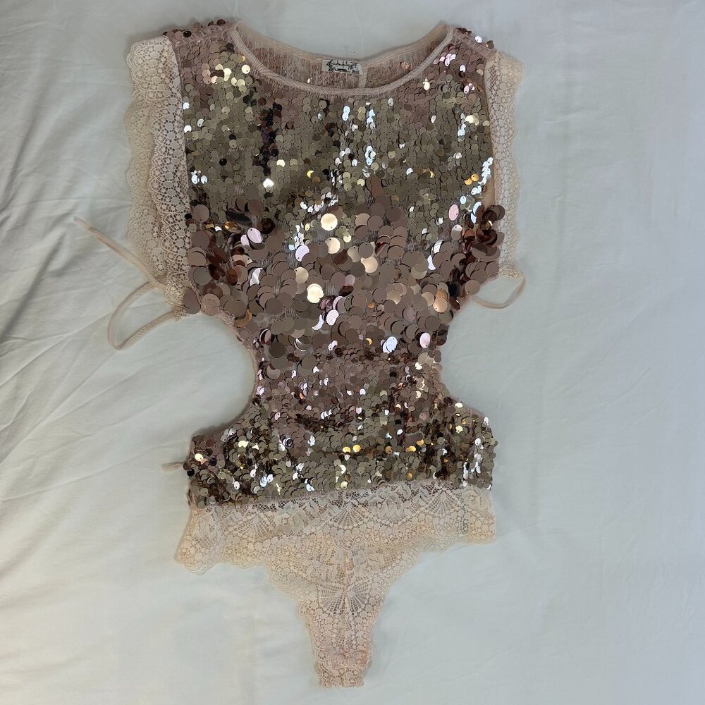 Free People Shimmering Sequin Bodysuit in Gold and Cream